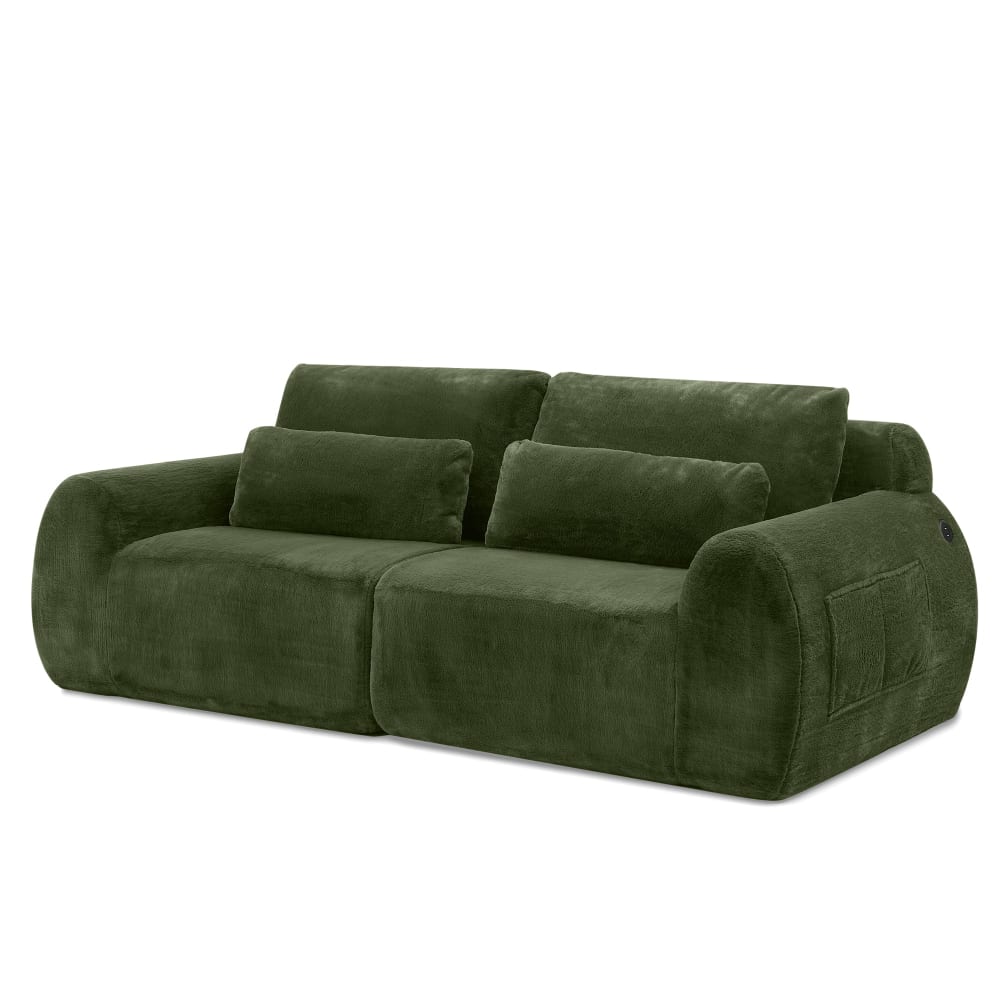 Canapé 2 places en fausse fourrure de lapin, vert, USB, poche latérale