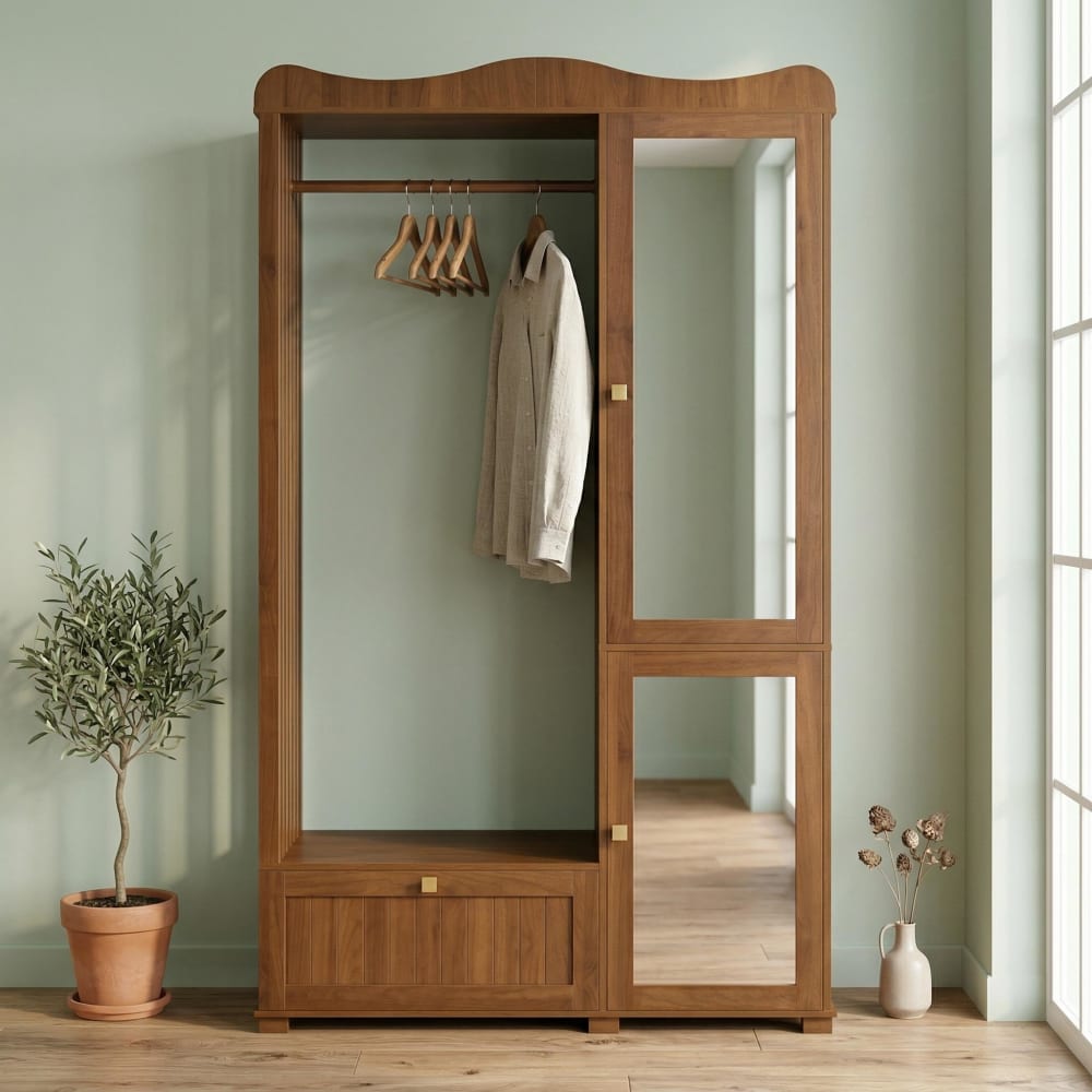 Vestiaire à l'entrée penderie miroir effet noyer avec tiroir