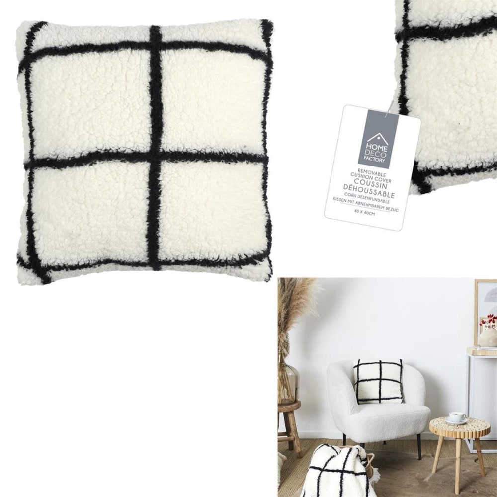 Coussin sherpa blanc et noir à carreaux 40x40cm — vue 4