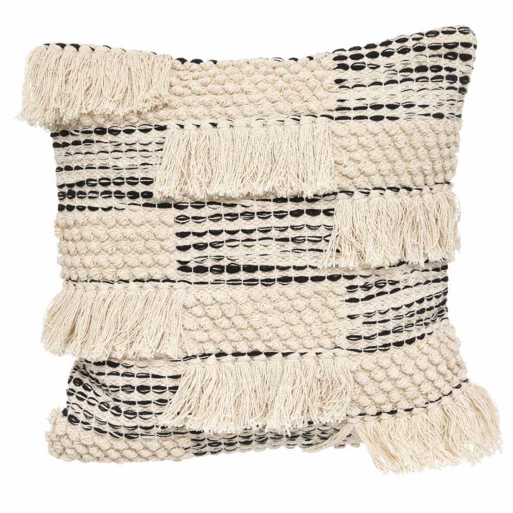 Coussin 3d à franges et à noeuds coton ecru / noir 45 x 45