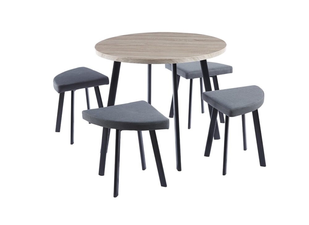 Ensemble table à manger en bois gris clair avec 4 tabourets gris