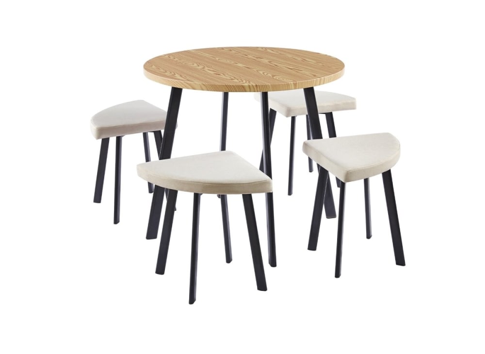 Ensemble table à manger en bois avec 4 tabourets beige