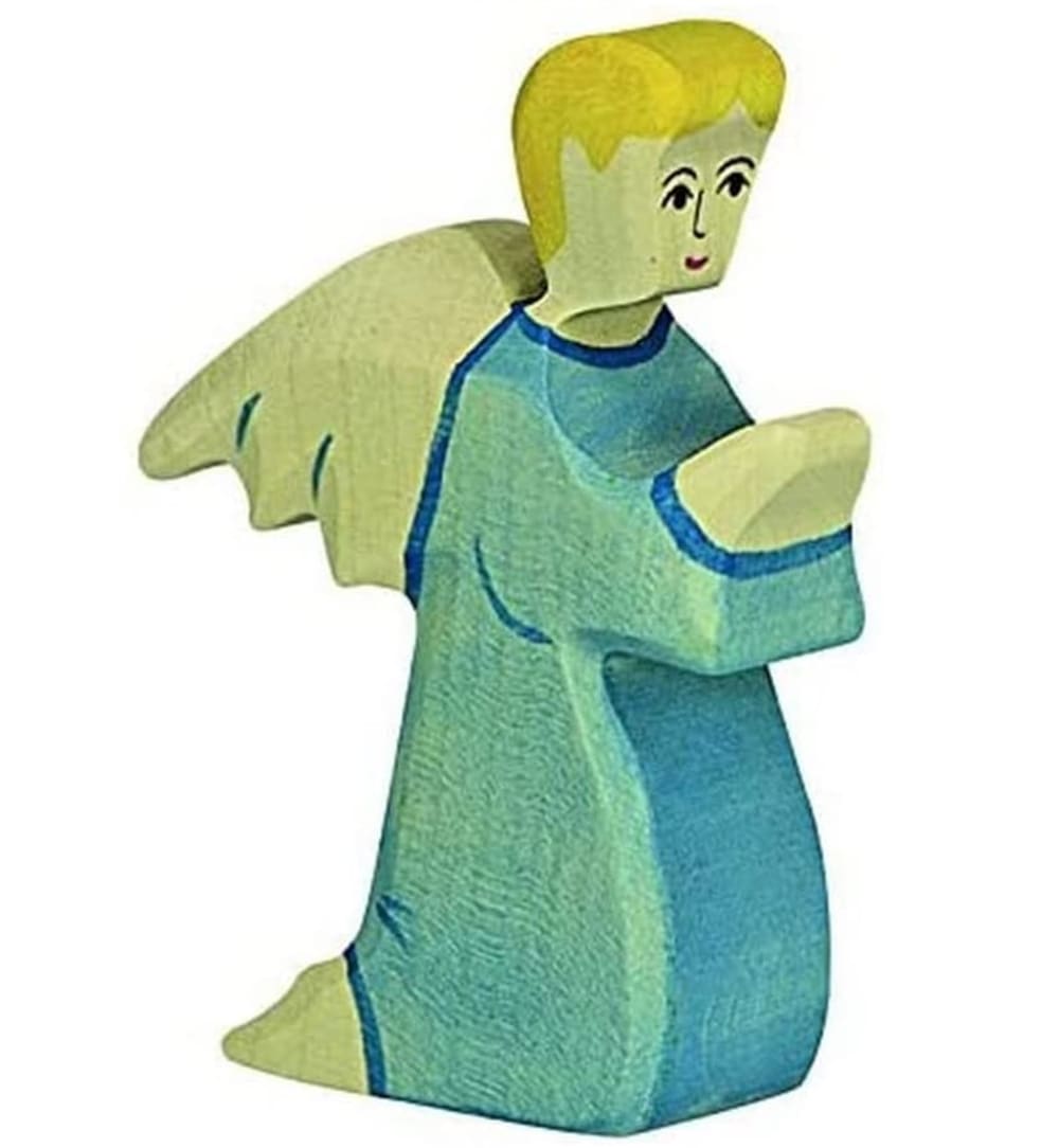 Holztiger Weihnachtskrippenfigur - Kniender Engel BLAU HOLZ Kinder