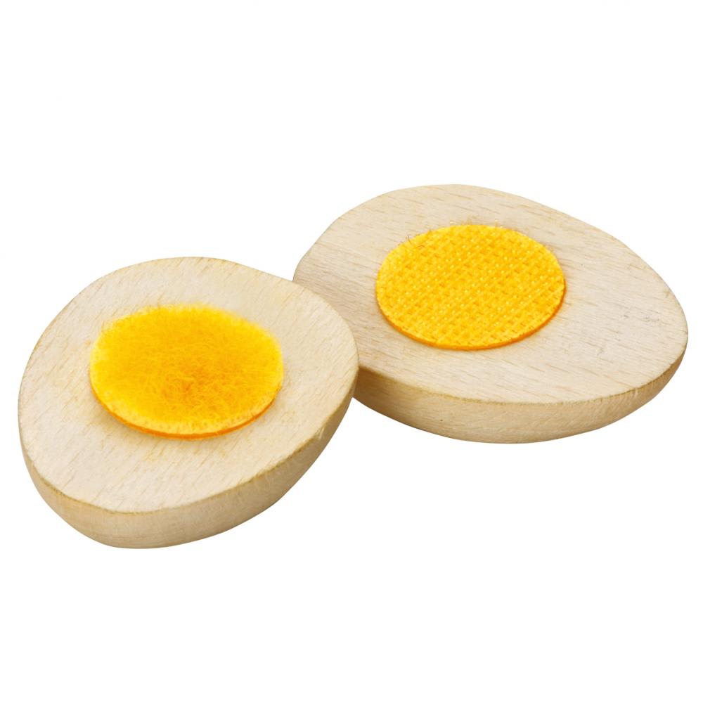 ERZI Zwei Eihälften zum Schneiden mit gelbem Klett. Inhalt: 2 Teile aus Holz zum Spielen. Ei aus Holz zum Schneiden von Erzi. Beige