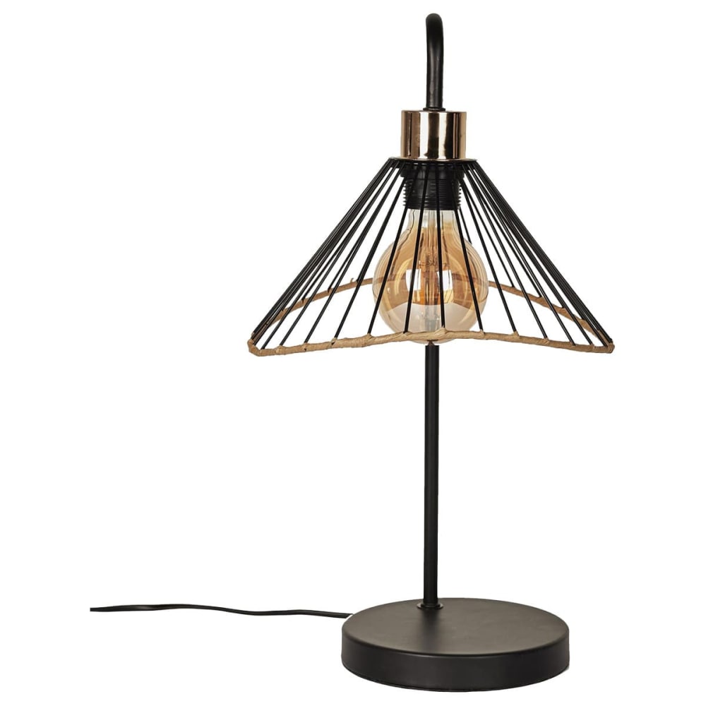 Lampe à poser noire abat-jour filaire finition rotin