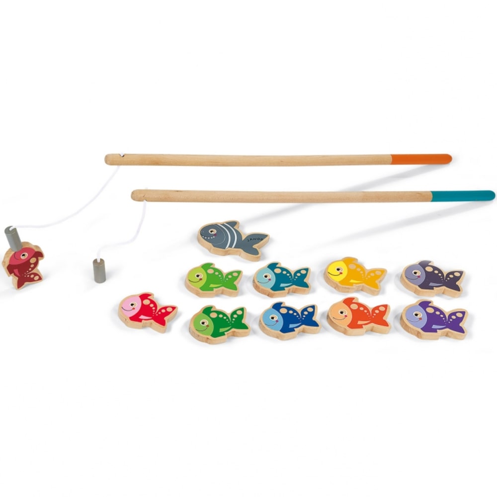 JANOD 11 Fische und 2 Angelruten bis dieser sehr lustiges Spiel der Fischerei. Fish: 7x5x1cm Cannes: 47x1, 5cm Ein Holzspielzeug Janod Mehrfarbig