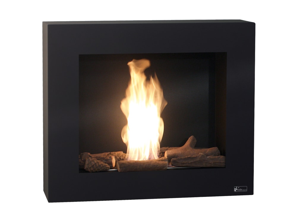 Cheminée à l'éthanol en noir avec des bûches décoratives Cheminée à l'éthanol en noir avec des bûches décoratives