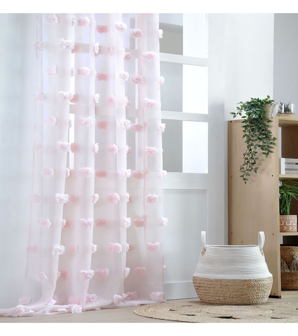 Voilage à pompons 135x260 cm - style bohème rose