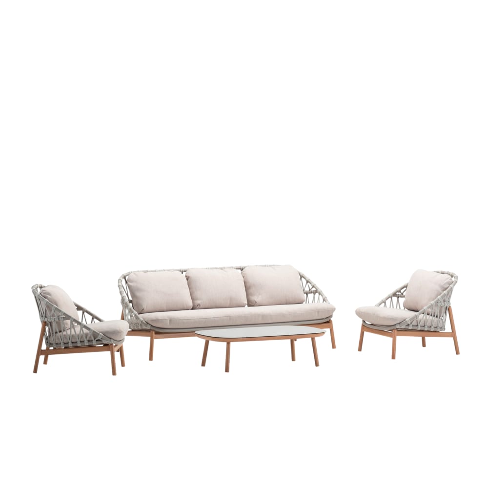 Salon de jardin 5 places en aluminium imitation bois et coussins gris