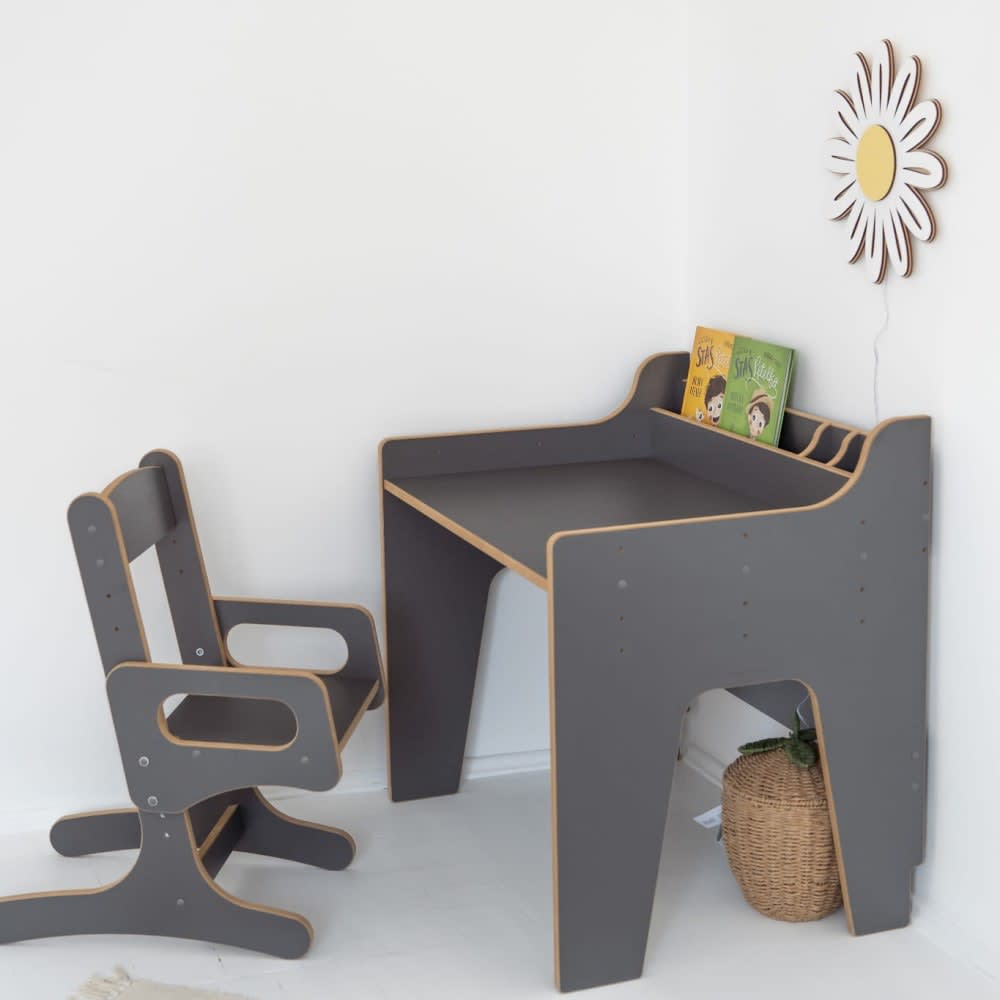 Verstellbarer Schreibtisch mit Stuhl, Kinder, Holz grau - Maisons