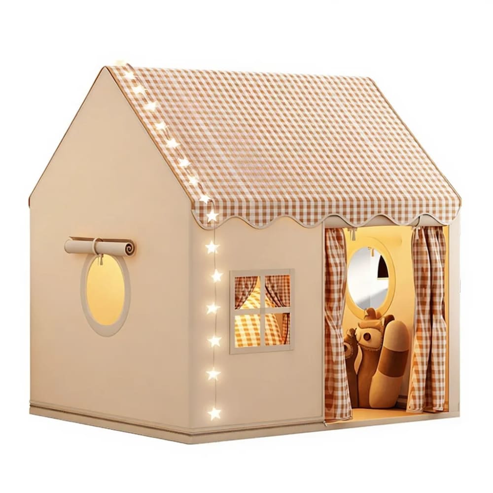 Tente maison avec guirlande pour enfant en polyester beige