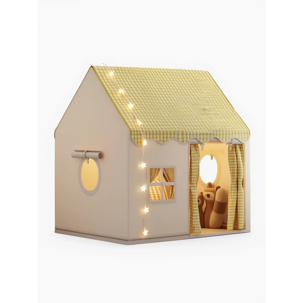Tente maison avec guirlande pour enfant en polyester jaune
