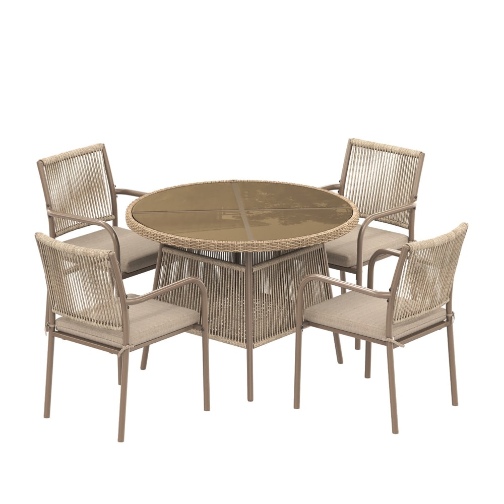 Salon de jardin en fer, polyrotin et verre avec 4 chaises marron