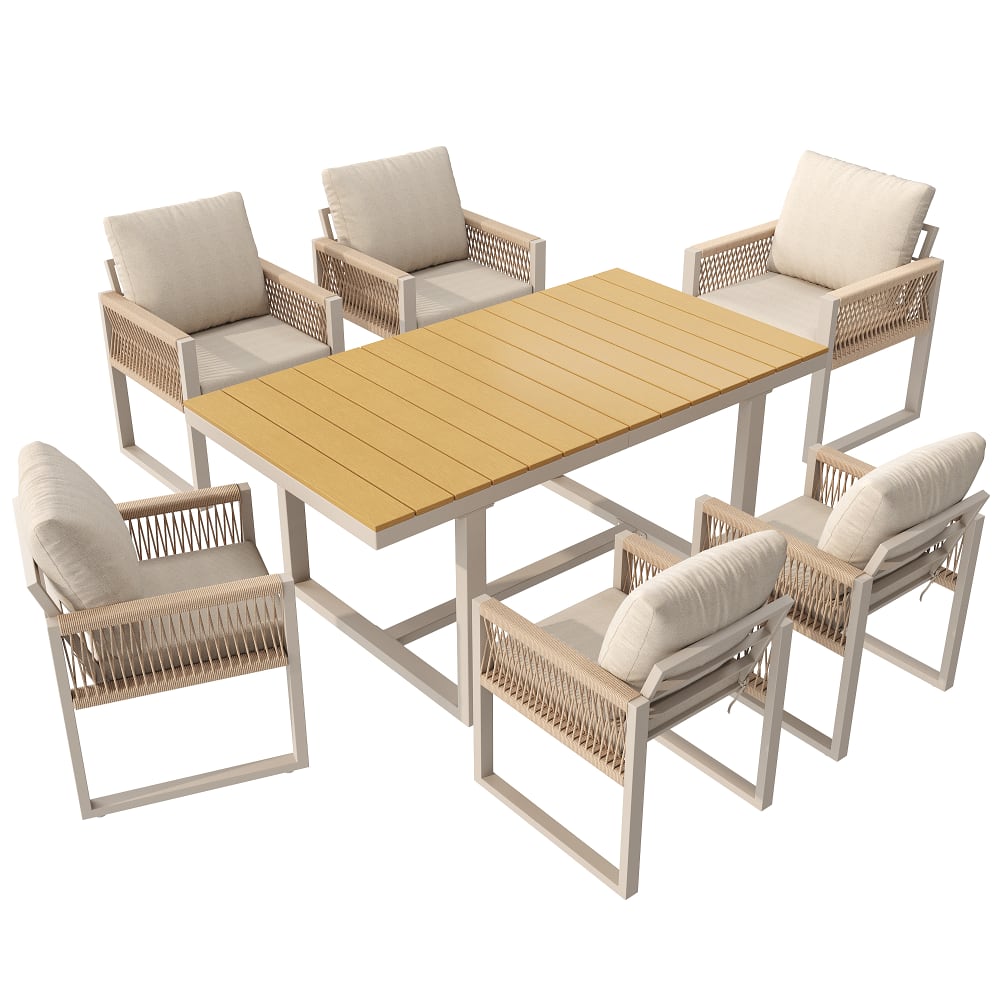 Salon de jardin 6 places en aluminium et polyrotin beige