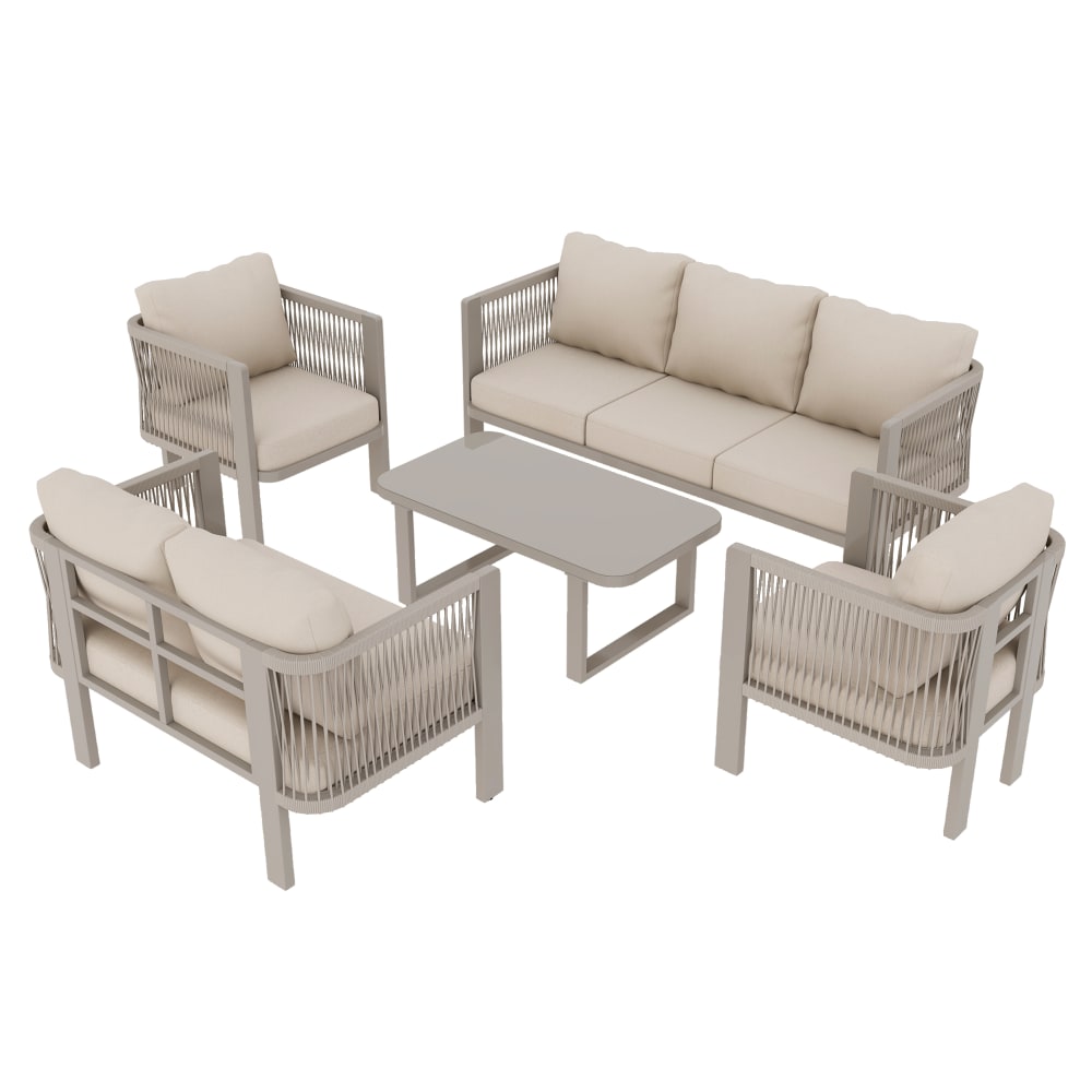 Salon de jardin 7 places en acier et polyrotin beige