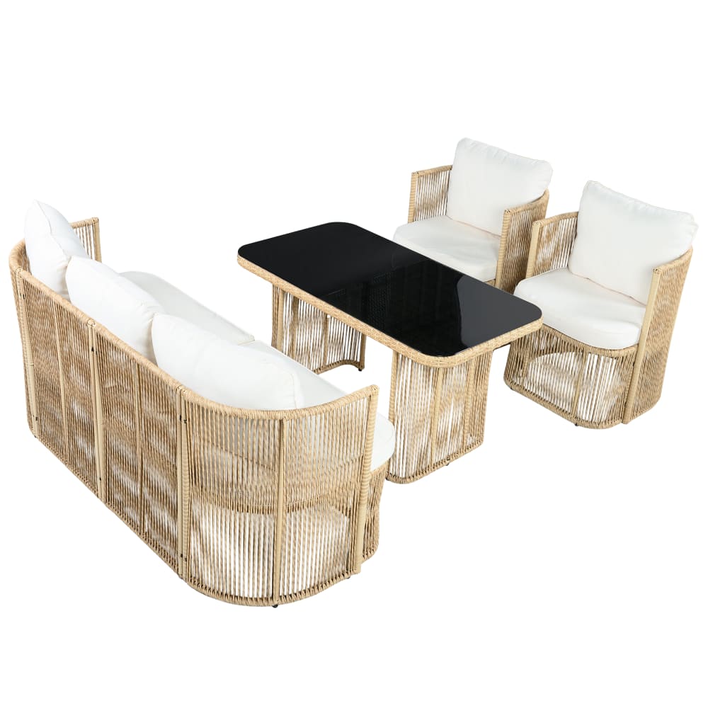 Salon de jardin avec 5 places en polyrotin et verre beige