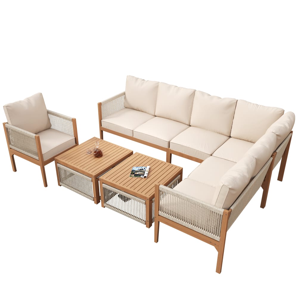 Salon de jardin 6-7 places en acacia et polyrotin beige