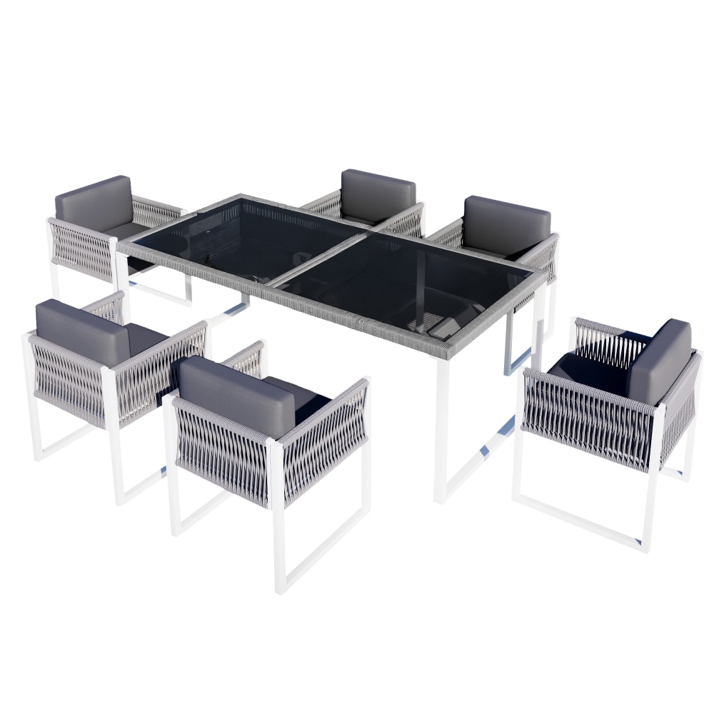 Salon de jardin en fer et polyrotin avec 6 chaises gris