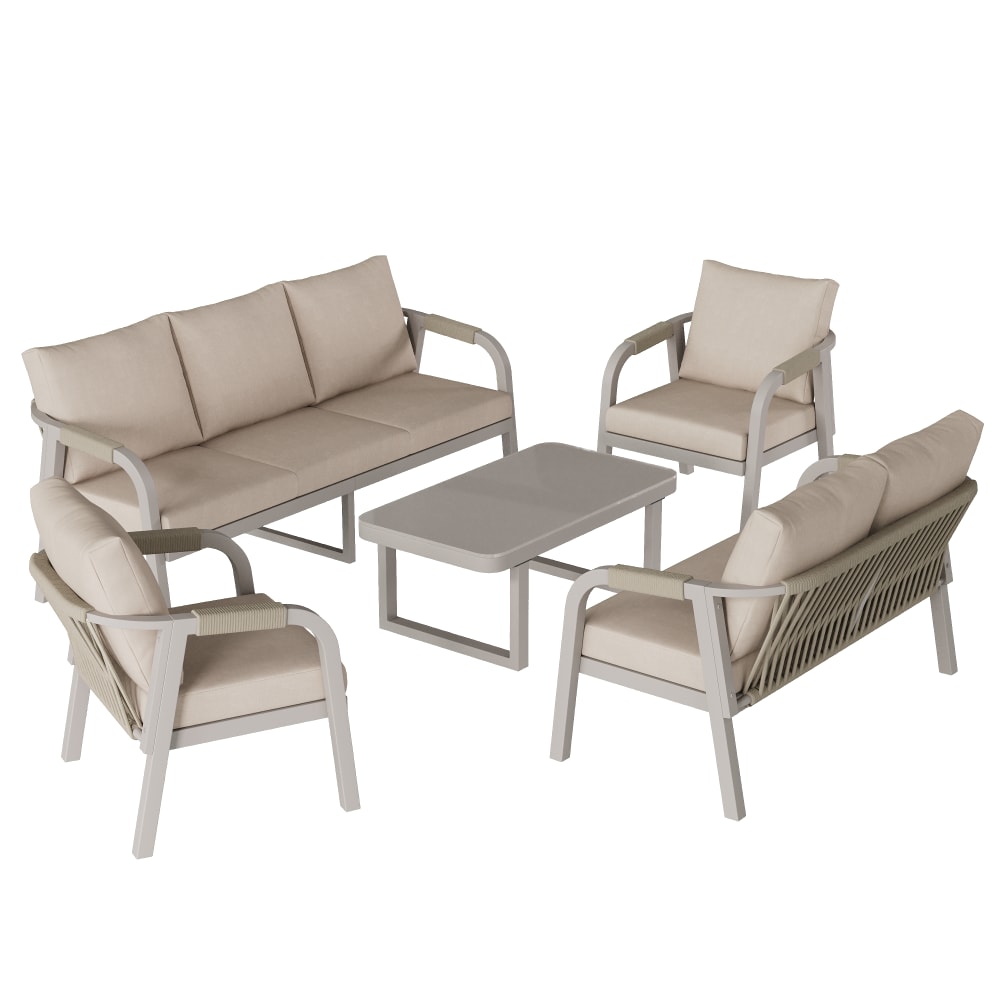 Salon de jardin 7 places en acier et polyrotin beige