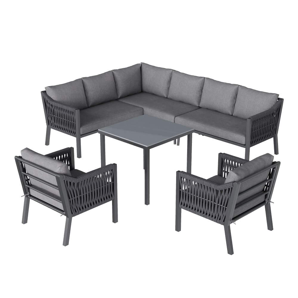 Salon de jardin 6 places en acier et corde polyester gris
