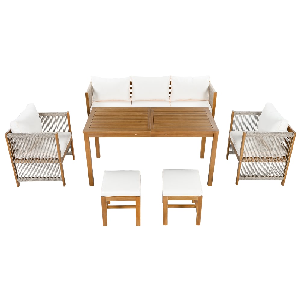 Salon de jardin 7 places en acacia et polyrotin beige