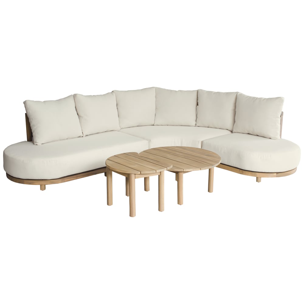 Salon de jardin 5 places en acacia et coussins beige