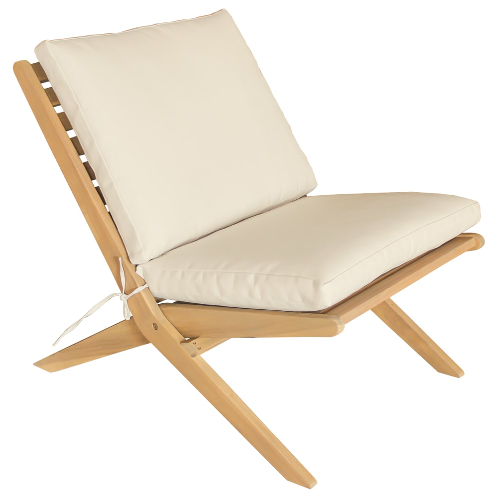 Fauteuil pliant en acacia et coussins beige