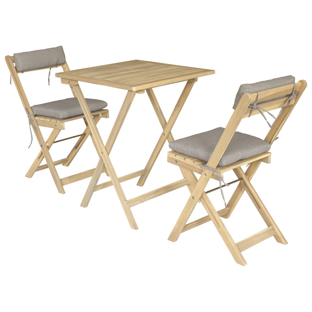 Ensemble table et chaises 2 places en acacia et coussins sable
