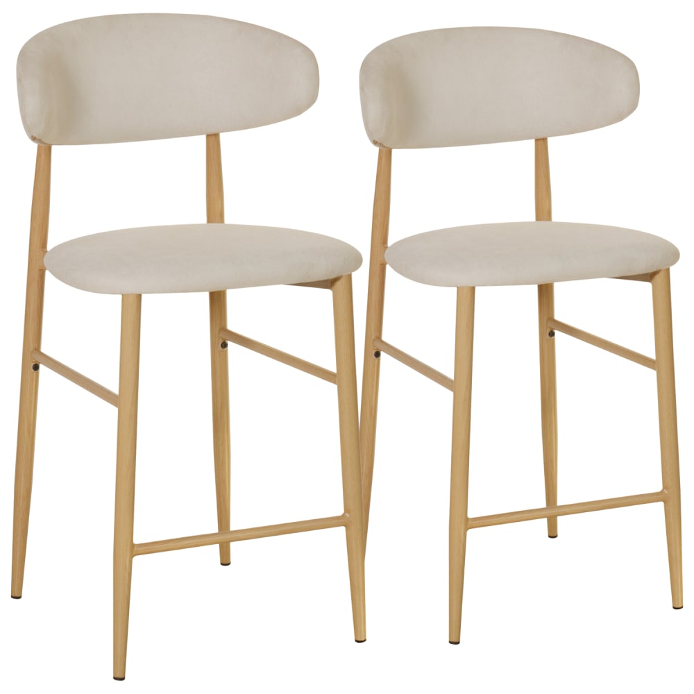 Lot de 2 tabourets de bar en tissu beige et métal effet bois clair