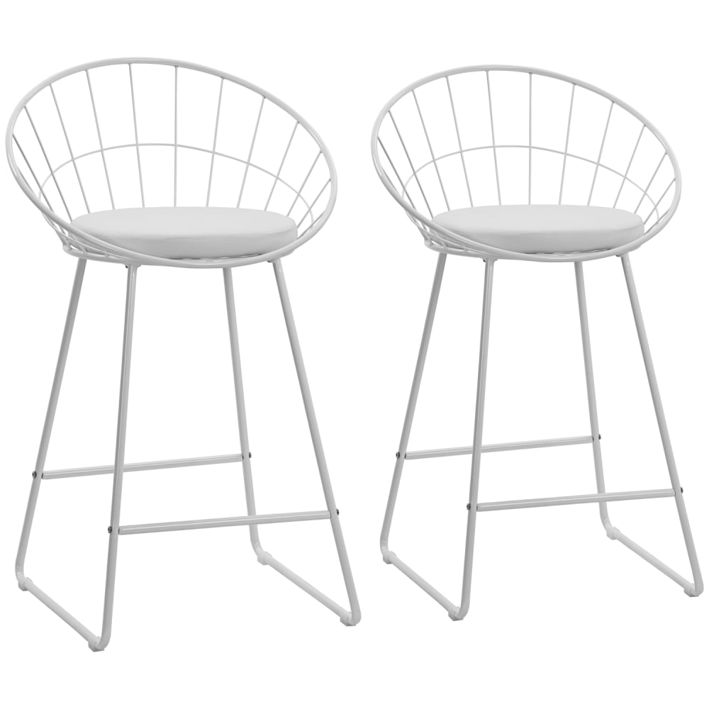 Lot de 2 tabourets de bar 65cm en métal blanc et coussin blanc