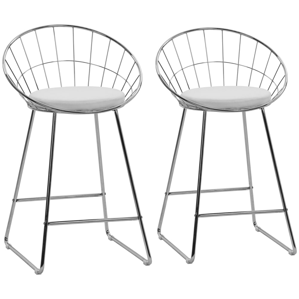 Lot de 2 tabourets de bar 65cm en métal chromé et coussin blanc