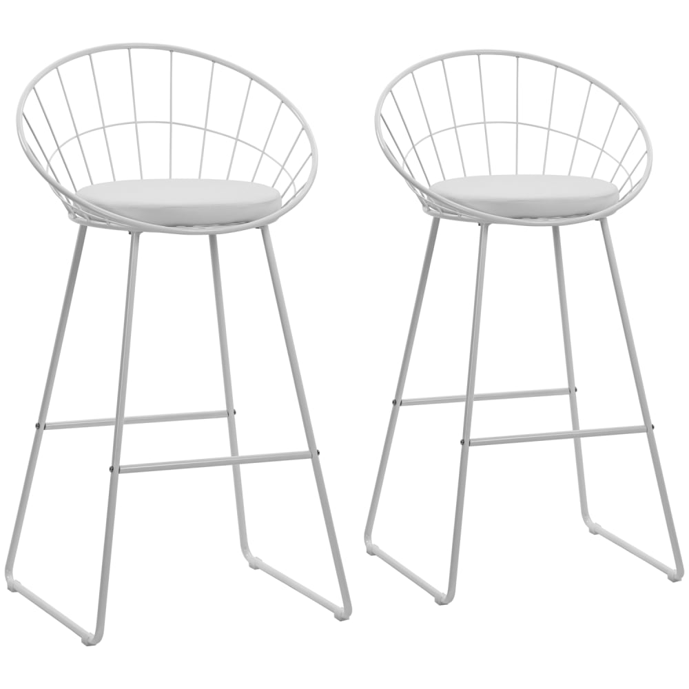 Lot de 2 tabourets de bar 75cm en métal blanc et coussin blanc