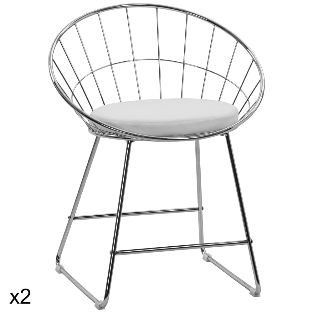 Lot de 2 chaises en métal chromé et coussin blanc