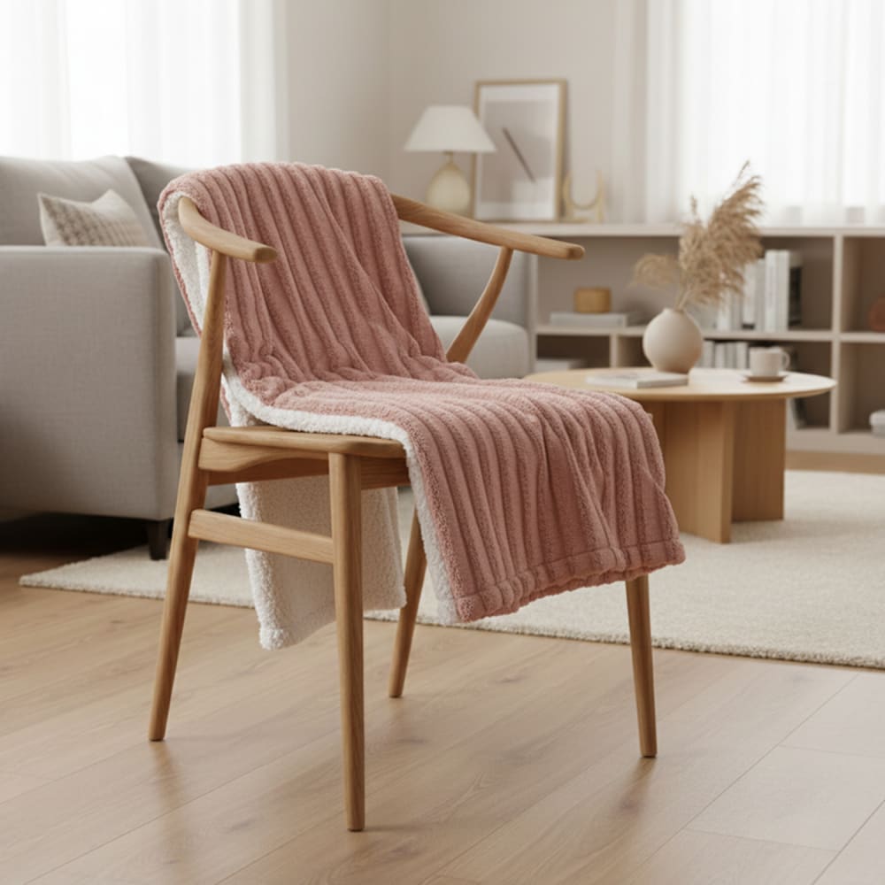 Couverture plaid réversible poils longs rose et blanc 130x170 cm