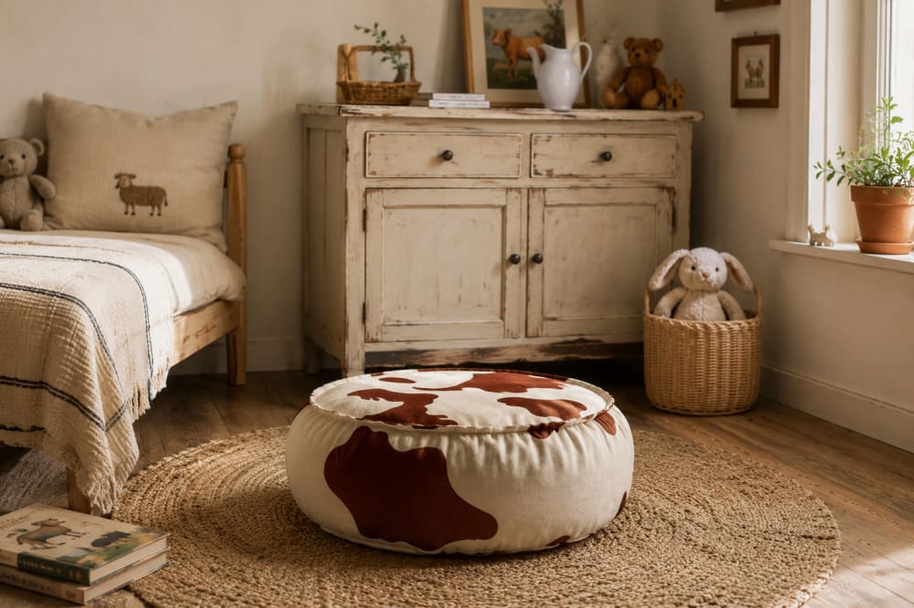 Pouf enfant rond velours côtelé premium (Bees & Blooms) - Image 1
