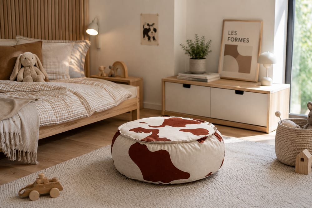 Pouf enfant rond velours côtelé premium (Bees & Blooms) - Image 2