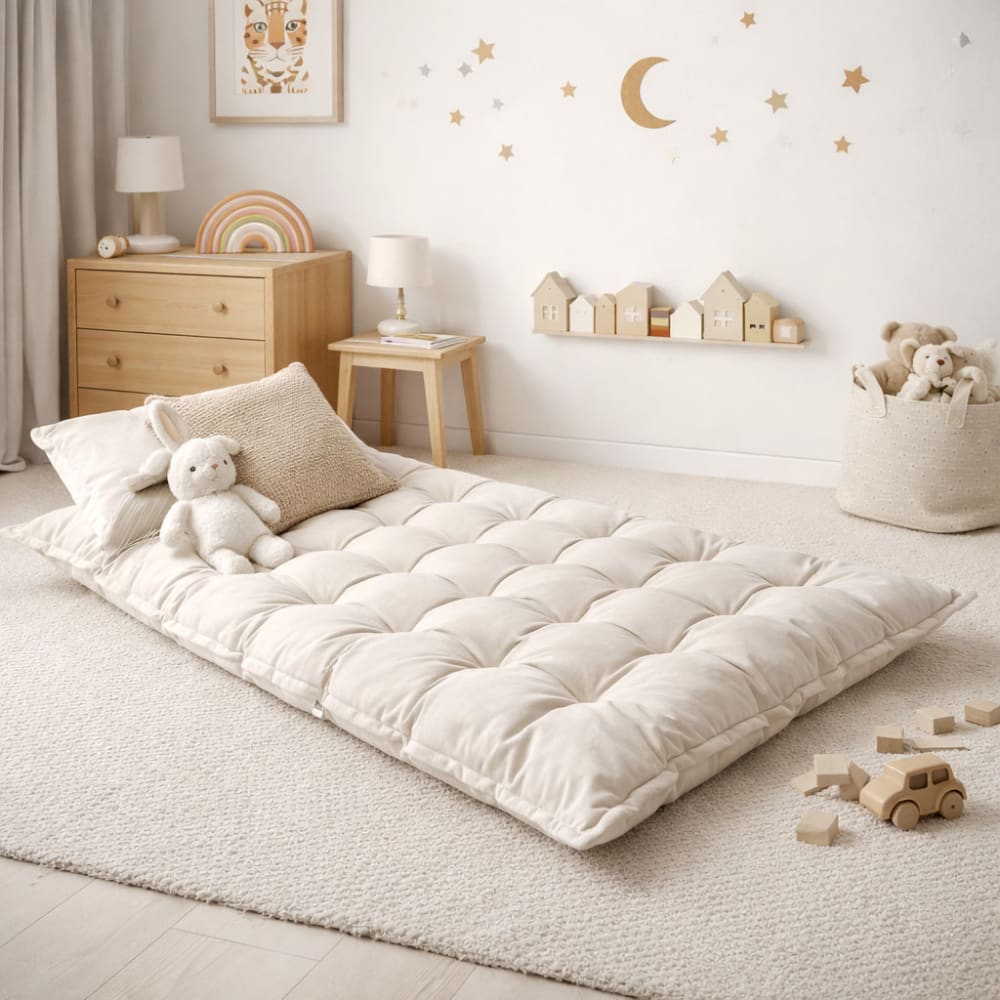Coussin de sol enfant matelassé 120 x 60 cm, beige (Bees & Blooms) - Image 1