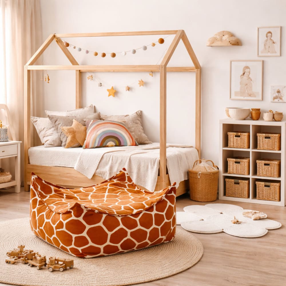 Quadratischer Kinderpouf 60x60x35 cm, Giraffenmuster - Maisons Du