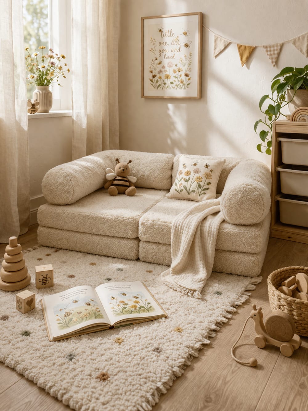 Modulares 2-in-1-Kindersofa 142 cm aus Teddystoff, vanille -