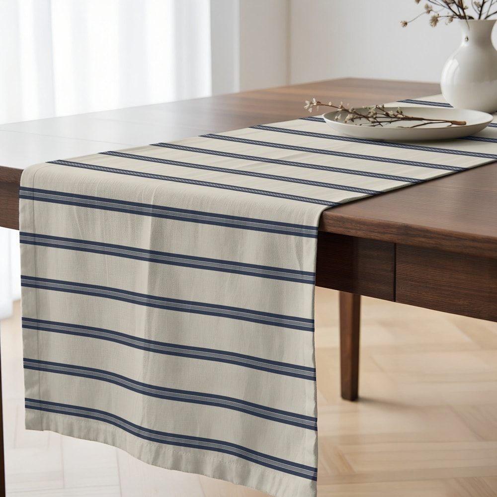 Chemin de table 100 % coton beige et bleu 50x150 cm