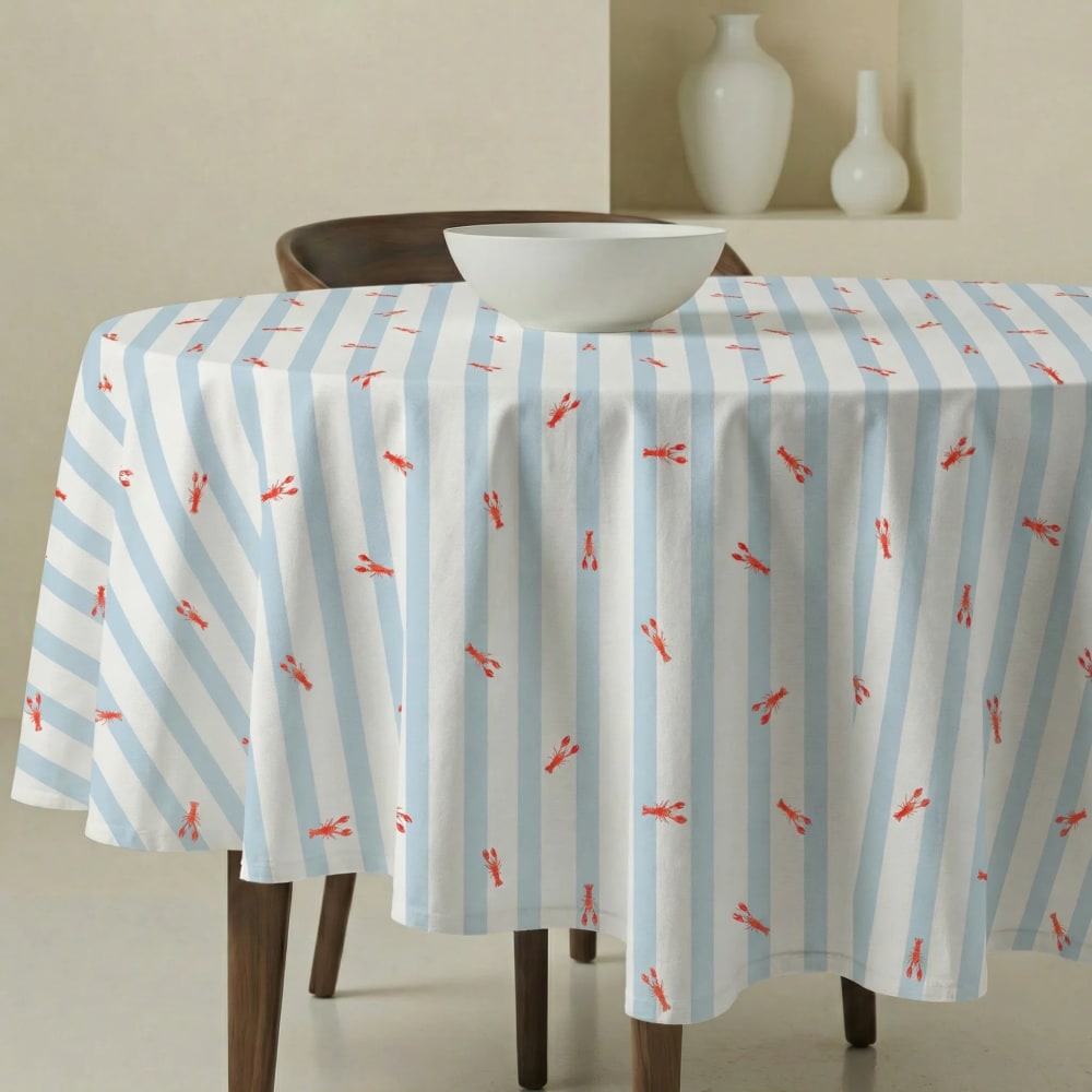 Nappe ronde antitache 100 % coton bleu et blanc diamètre 155 cm Nappe ronde antitache 100 % coton bleu et blanc diamètre 155 cm