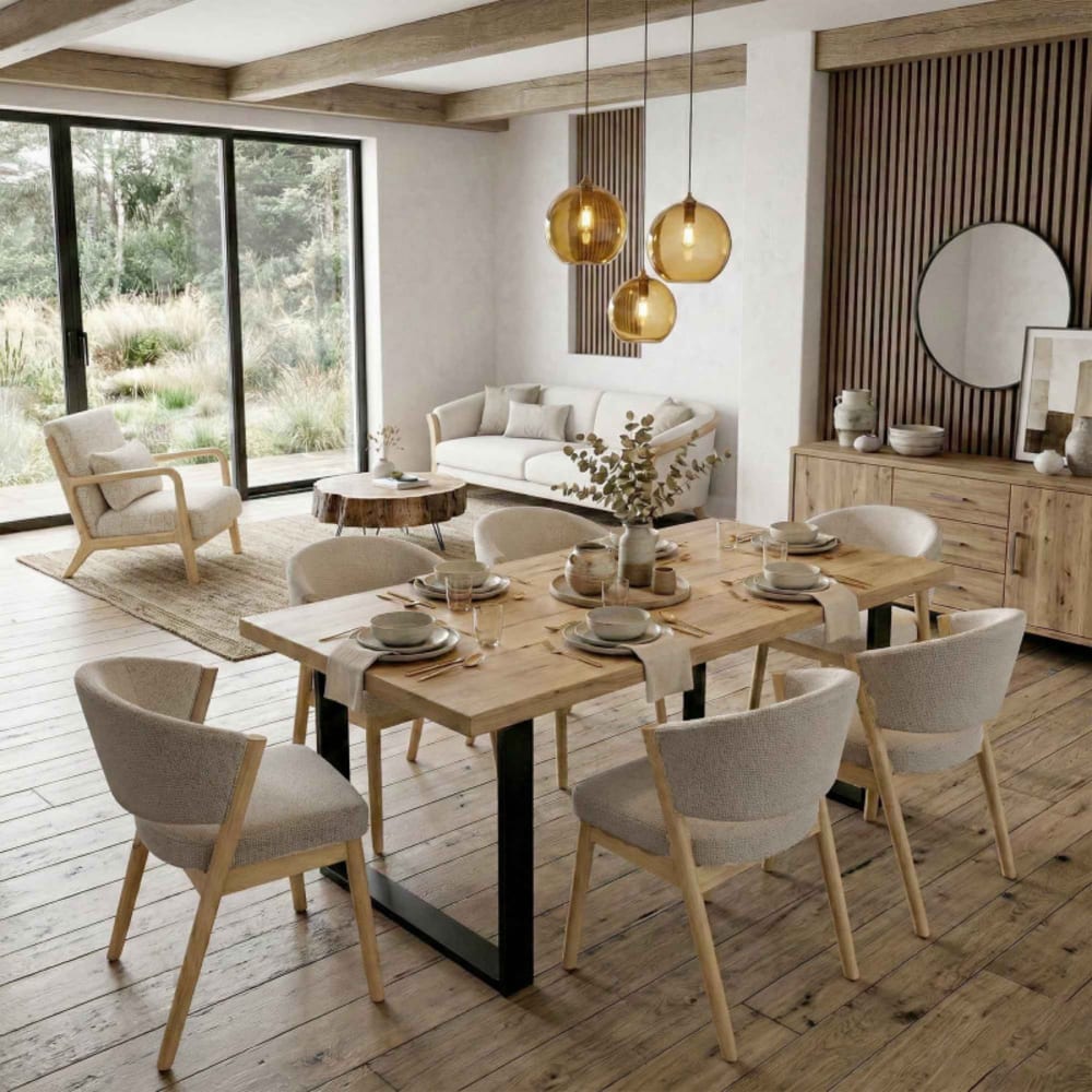 Stuhl aus Naturholz und Trend Greige-Stoff (x2) - Maisons Du