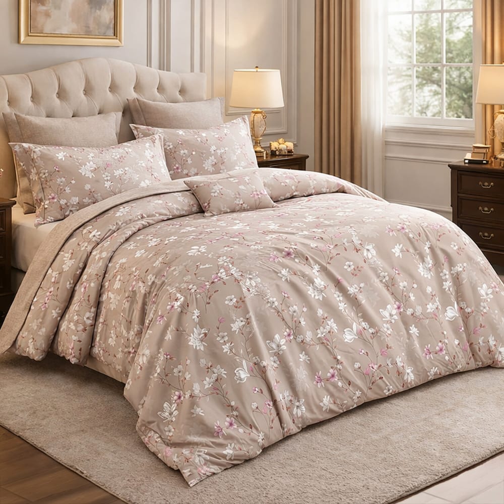 Parure de de lit percale de coton motif floral beige 240x220 cm