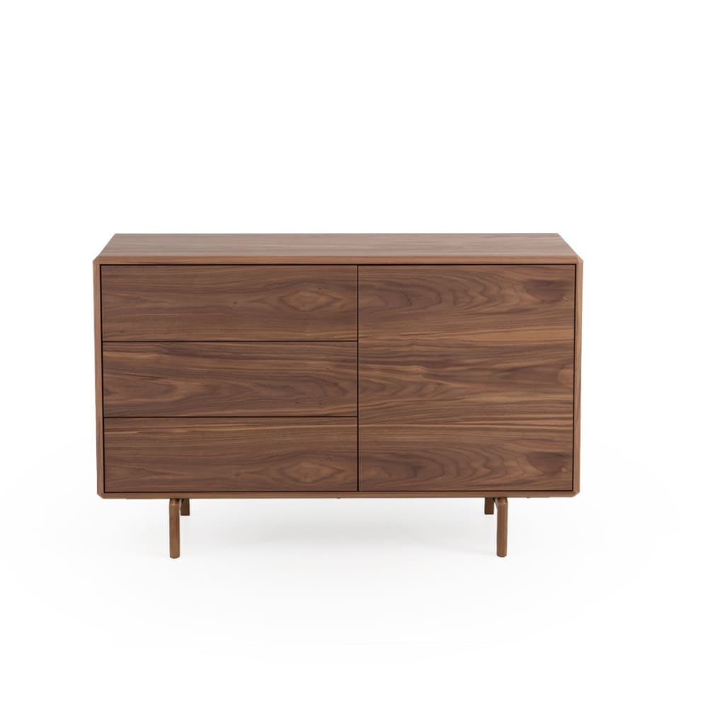 Buffet 1 porte et 3 tiroirs plaqué noyer avec pieds en bois