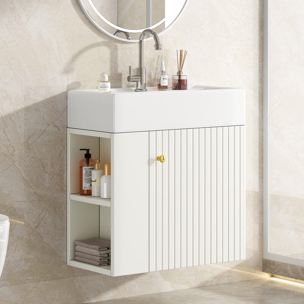 Waschbecken aus Spanplatte und Keramik mit Unterschrank, Weiß -