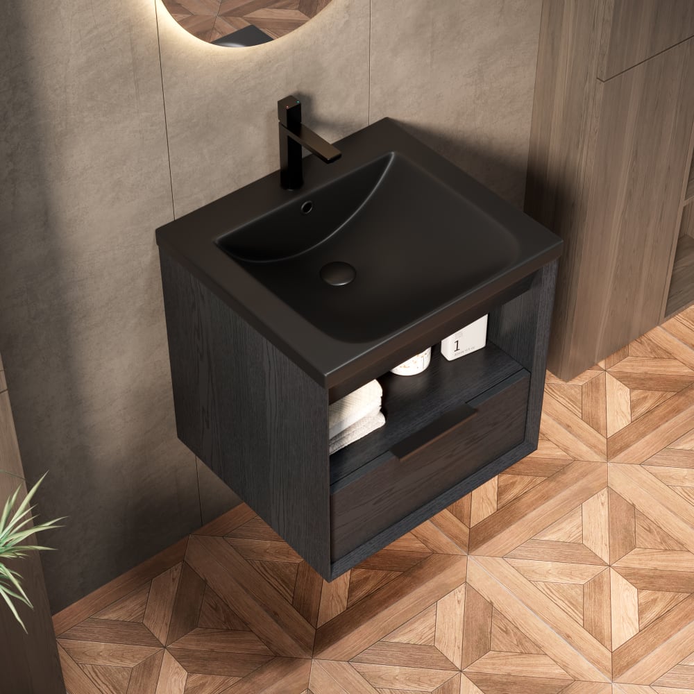 Waschbecken aus Keramik mit Schublade und Regal, Schwarz -