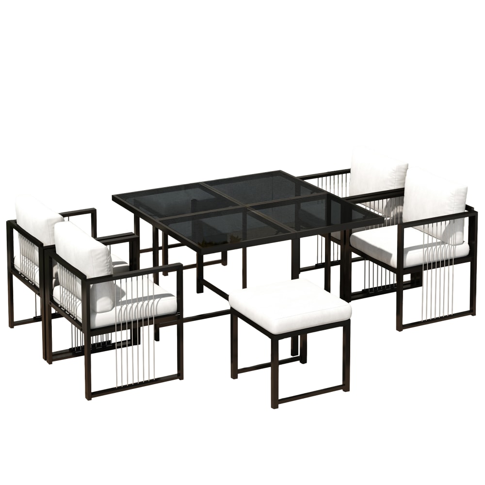 REDOM 7-teiliges Set aus Metall mit Esstisch, Stuhlset und Glas Tischplatte Schwarz Metall