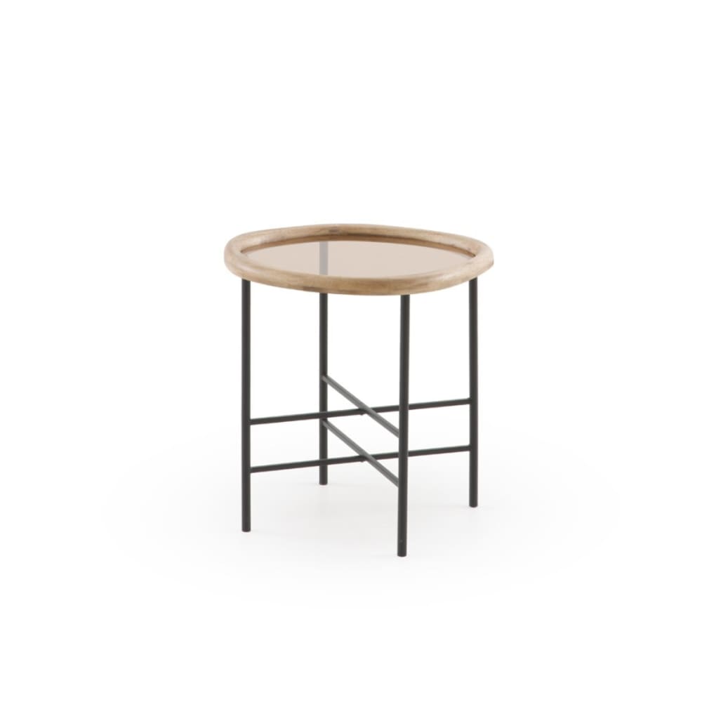 Table basse en métal et verre avec cadre en bois d'hévéa