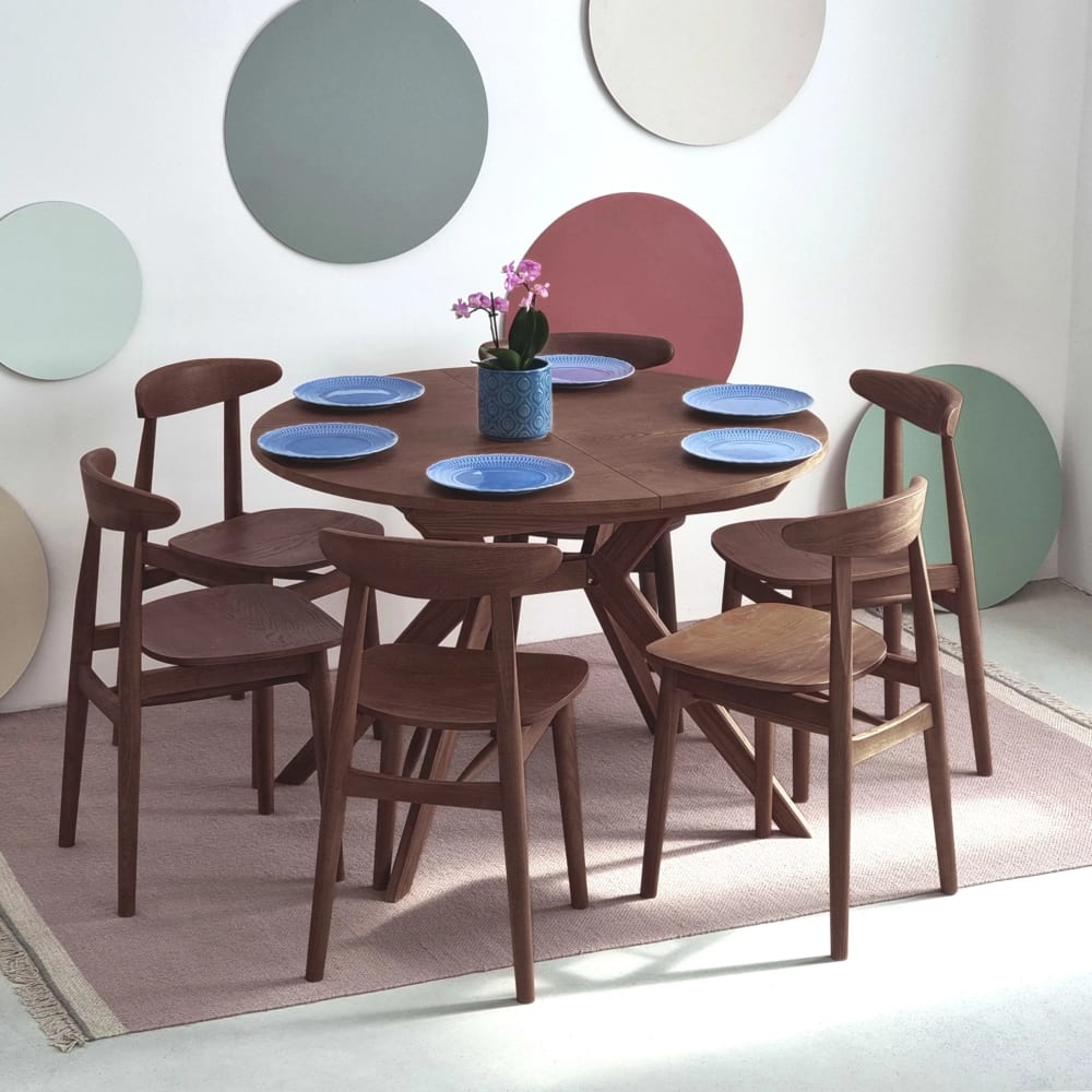 Ragaba Runder ausziehbarer Tisch 120 cm mit 6 Stühlen, Farbe Nussbaum style modern Taupe Holz