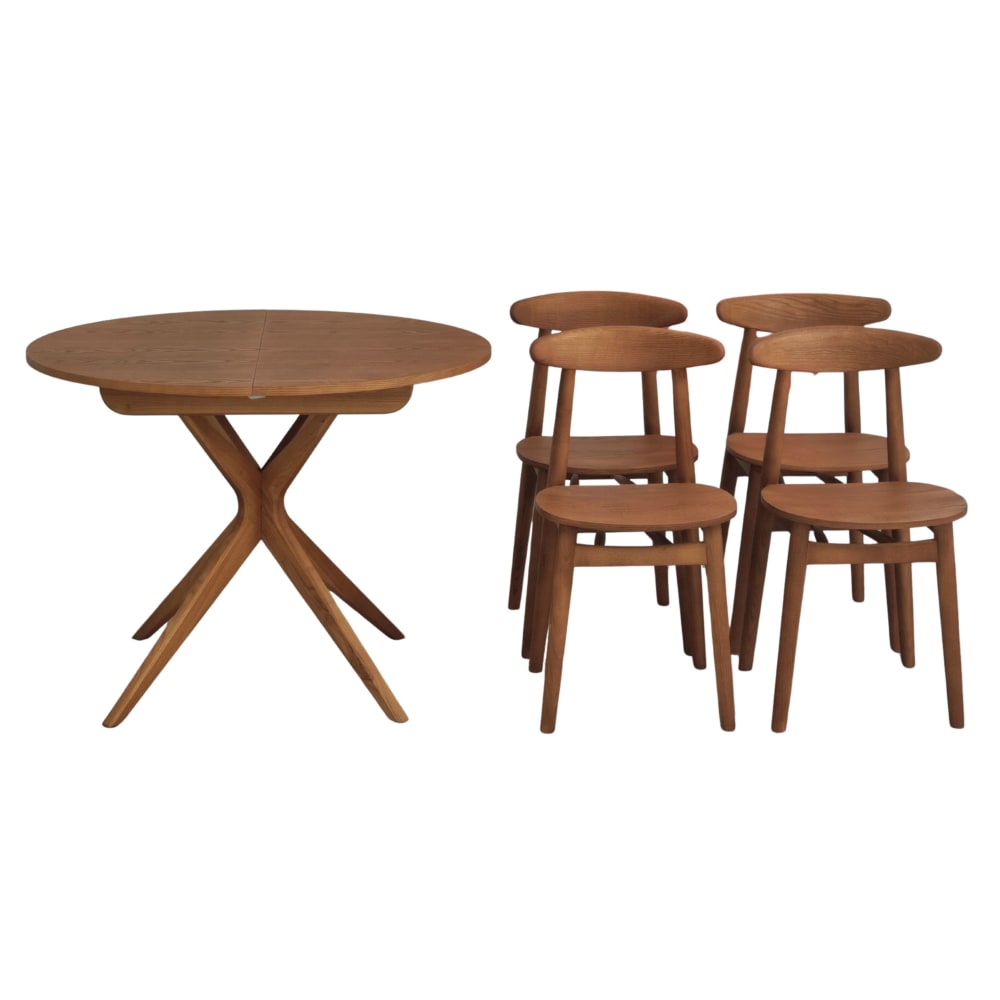 Ragaba Runder ausziehbarer Tisch 100 cm mit 4 Stühlen, Farbe Eiche style modern Braun Holz